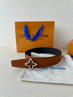 Louis Vuitton brown leather belt with star buckle on fabric pouch