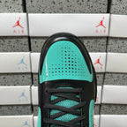Black and teal shoe tongue with teal perforated panel and teal heel accent.