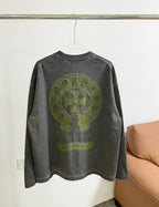 Dark gray long-sleeve shirt with large back green embroidered logo