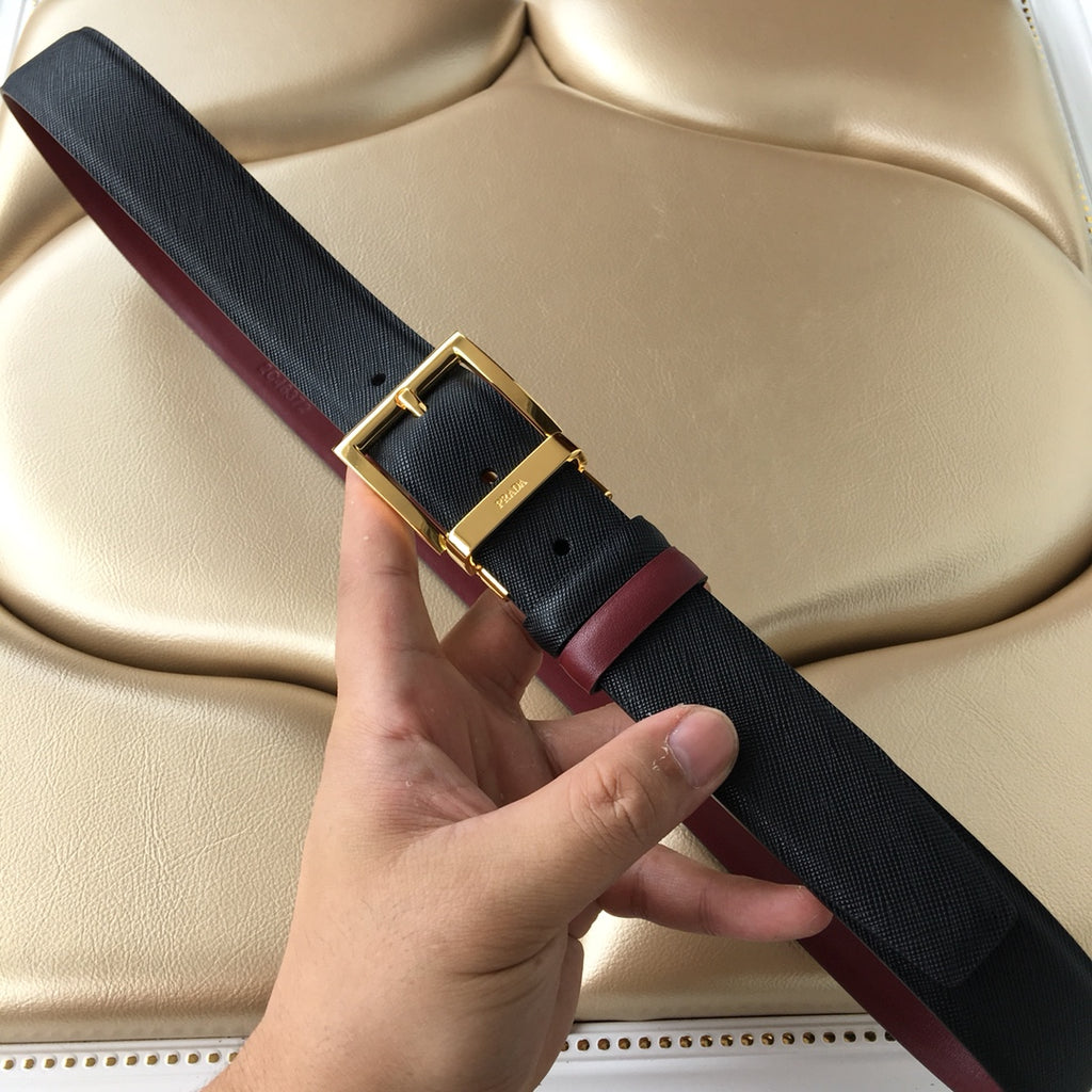 Prada belt, dark textured strap with gold buckle and burgundy edge