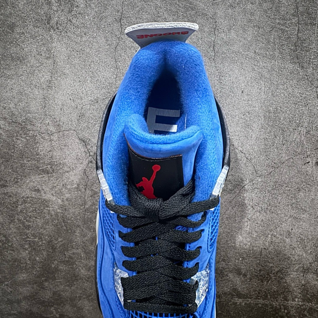 Air Jordan 4 sneakers tongue and lace area in blue with Jumpman logo and black lining