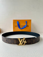 Louis Vuitton monogram belt with dark brown leather strap and gold square buckle