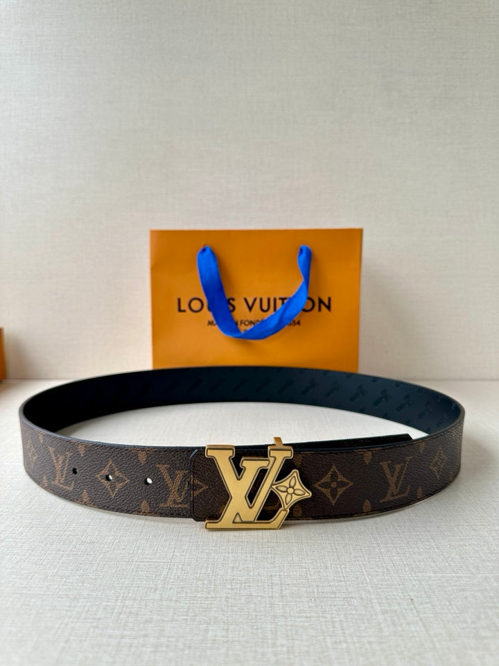 Louis Vuitton monogram belt with dark brown leather strap and gold square buckle