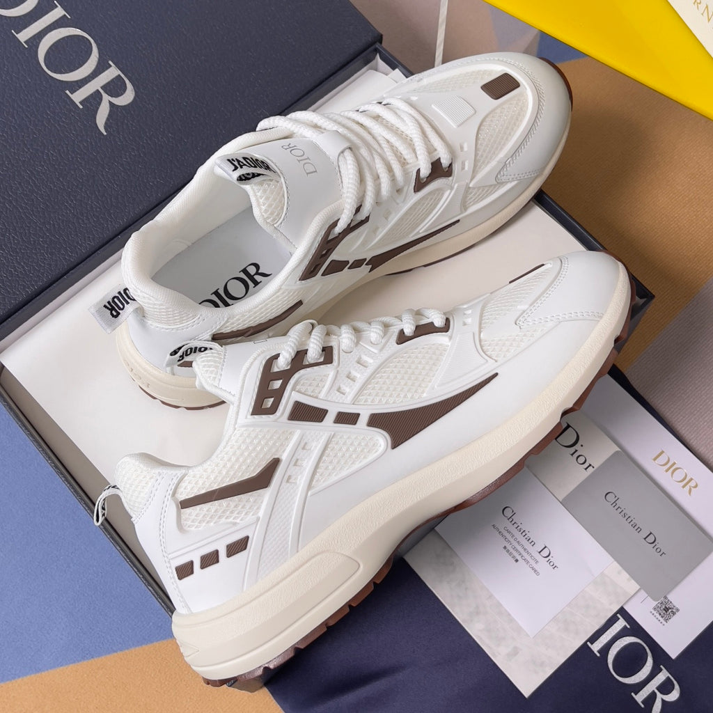 Dior unisex sneakers with white leather, brown side panels, and lace-up closure on platform
