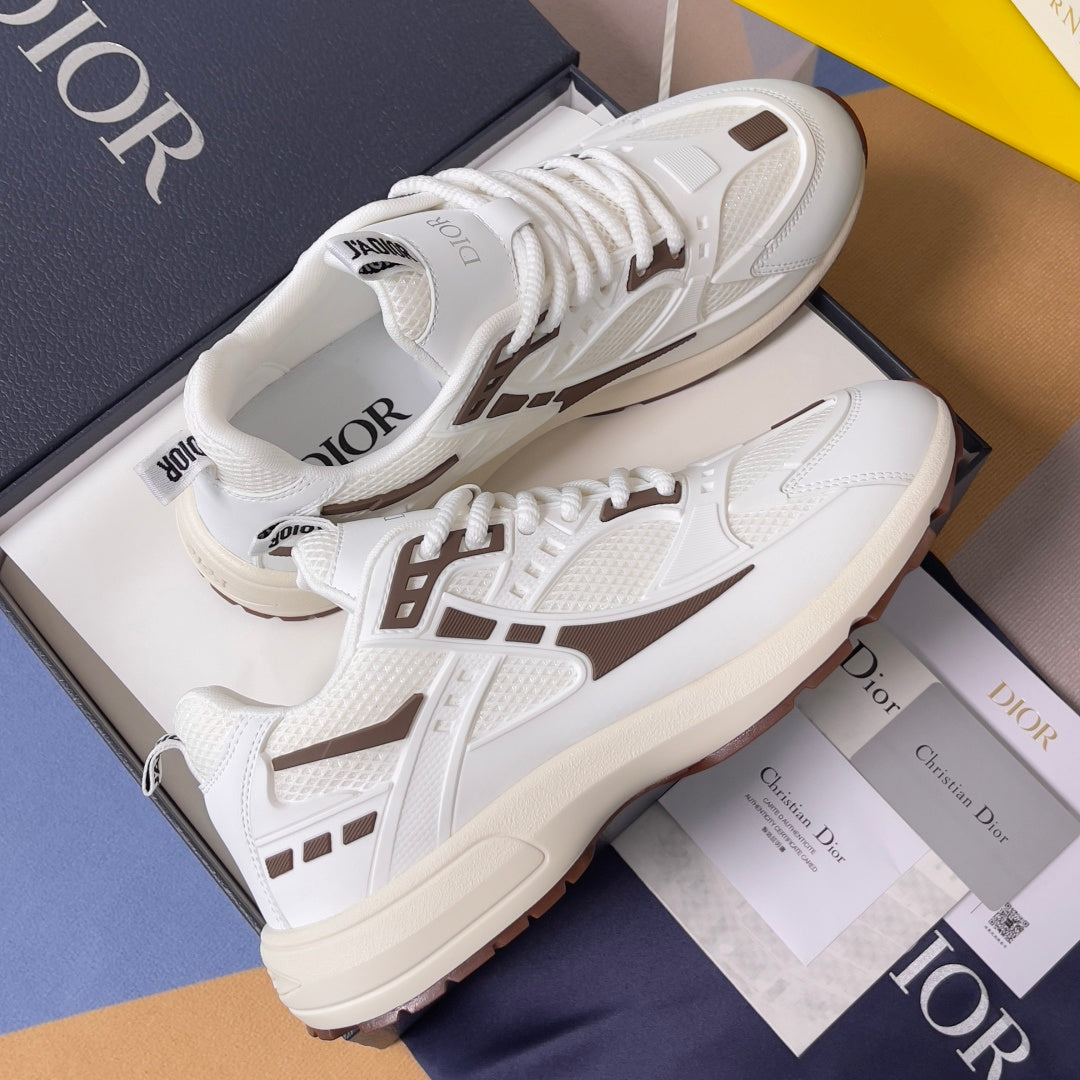 Dior unisex sneakers with white leather, brown side panels, and lace-up closure on platform