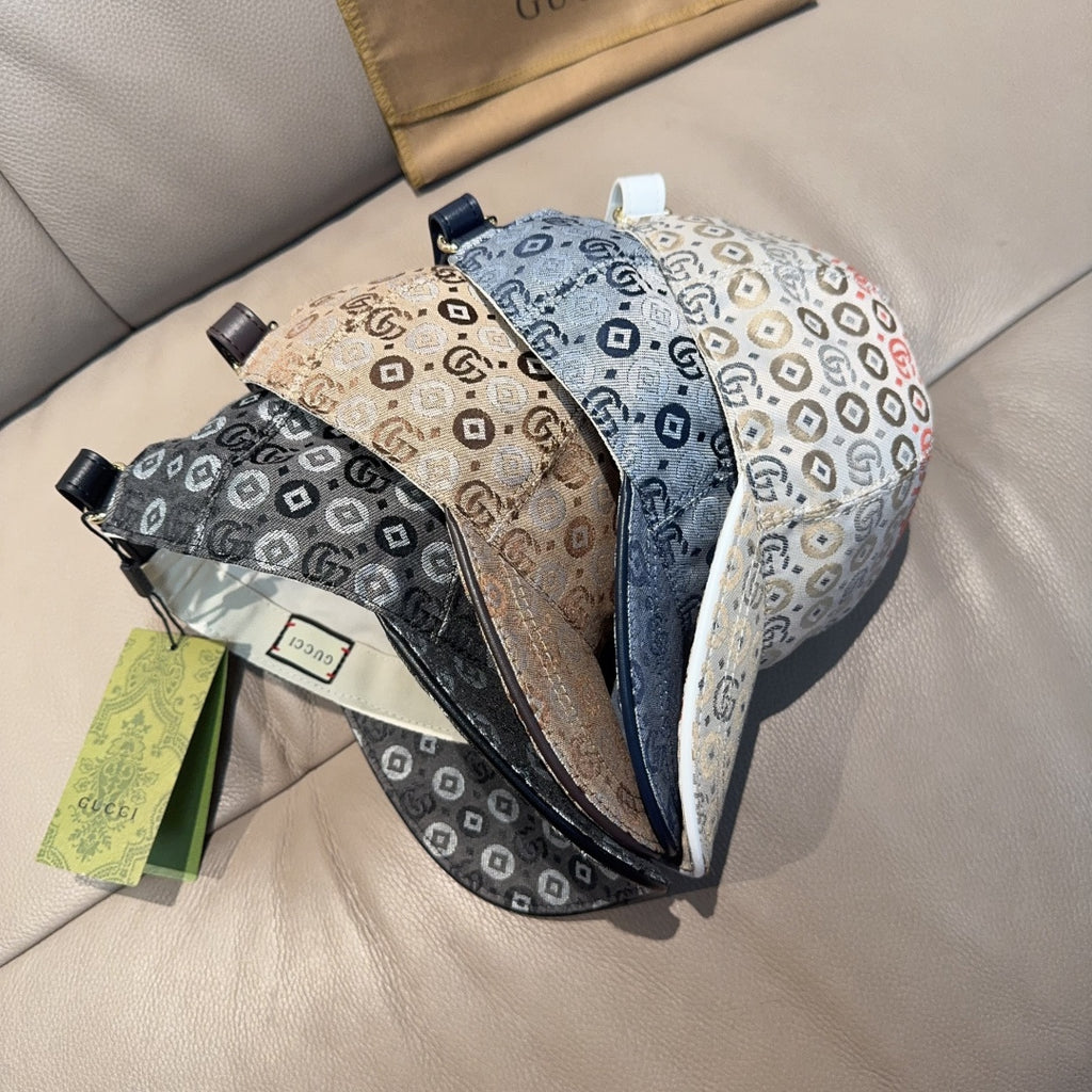 Gucci GG-pattern cap with navy straps and attached tag, blue-gray color