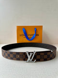 Louis Vuitton Damier check belt with shiny silver V buckle and dark brown strap