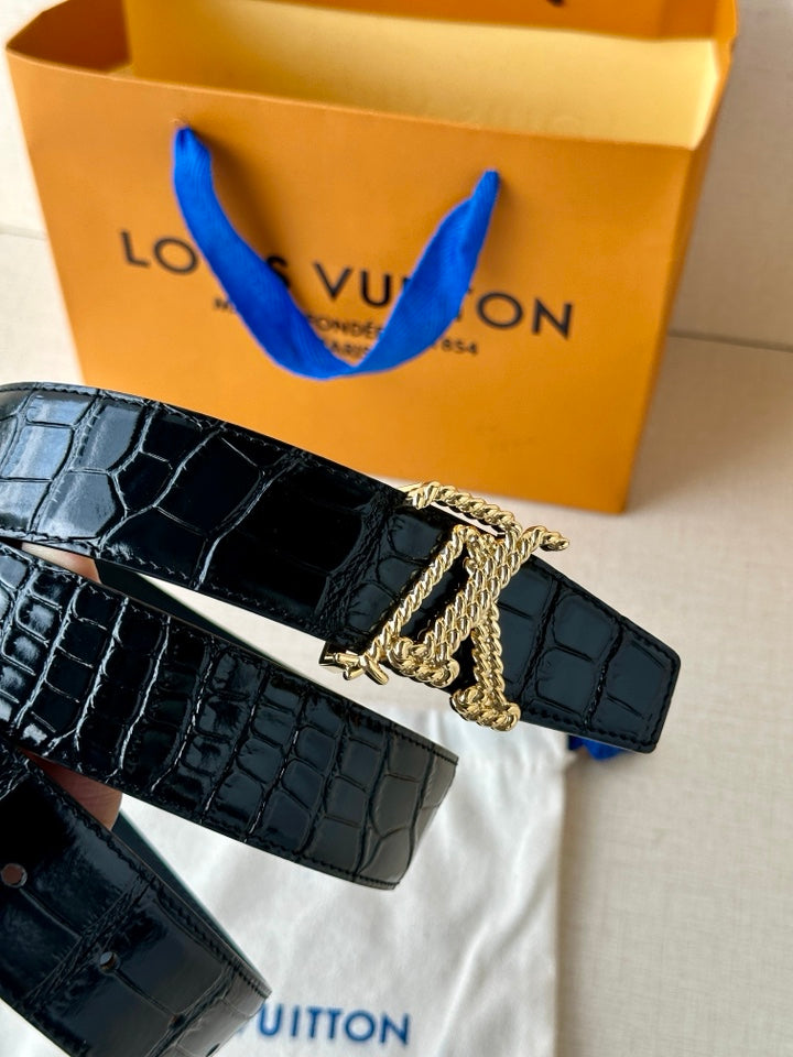 Dark blue croc leather belt with gold-tone LV buckle and linked hardware detail