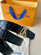 Dark blue croc leather belt with gold-tone LV buckle and linked hardware detail