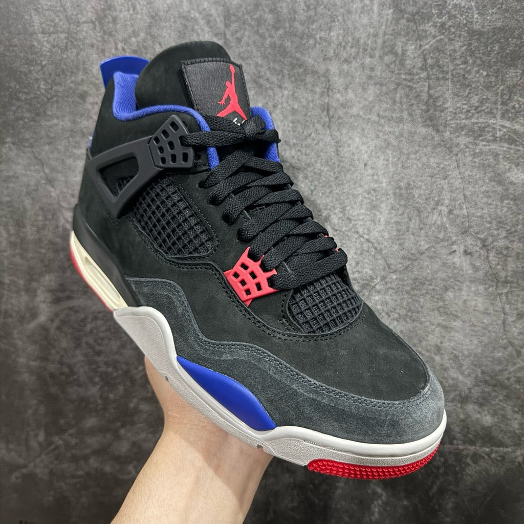 Black high-top sneaker with blue lining, red net lace wings, and white midsoles