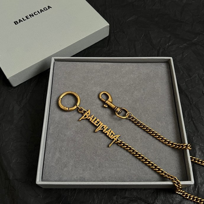 Balenciaga gold logo keychain necklace with ring and clasp, in gift box