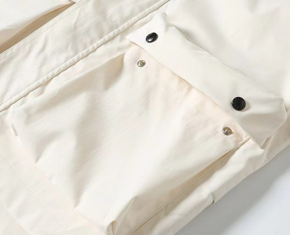 White hooded long jacket with button placket and black drawcords