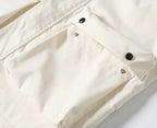 White hooded long jacket with button placket and black drawcords