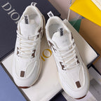 Dior unisex sneakers, white lace-up design with brown trim at toe and side panels