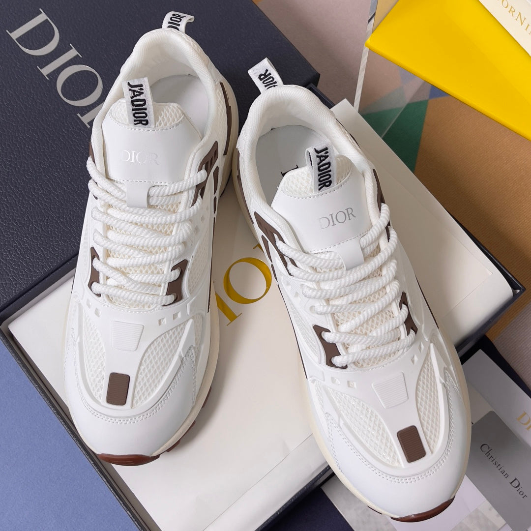 Dior unisex sneakers, white lace-up design with brown trim at toe and side panels