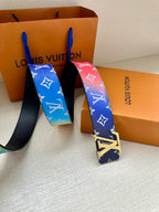 Blue and red logo-print belt straps with silver buckle, shown angled