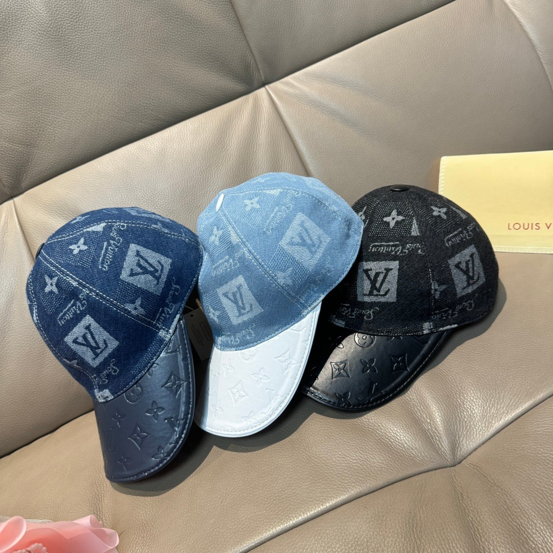 Set of three Louis Vuitton caps: light blue, white/blue, and dark monogram