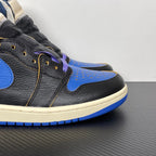 High-top sneakers side view with black leather, bright blue panels, cream midsole, purple laces