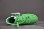 Bright green Air Force 1 low-top sneaker with lace-up eyelets and white lining