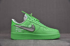 Bright green low-top Air Force 1 sneaker with black Swoosh and perforated toe
