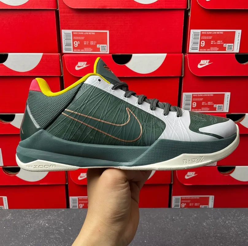 Nike Zoom Kobe 5 Protro EYBL basketball shoes, green with black laces and gold swoosh