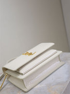 YSL bag, white crocodile-texture leather clutch style with flap and gold clasp