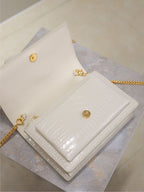 YSL bag, white croc-texture leather clutch with gold logo studs and chain