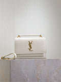 YSL bag, white croc-texture leather, gold YSL logo, chain strap