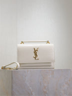 YSL bag, white croc-texture leather, gold YSL logo, chain strap