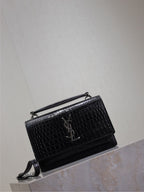 YSL small croc-embossed flap shoulder bag with chain strap, black.