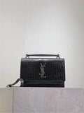 YSL small croc-embossed shoulder bag with top flap and chain strap, black.