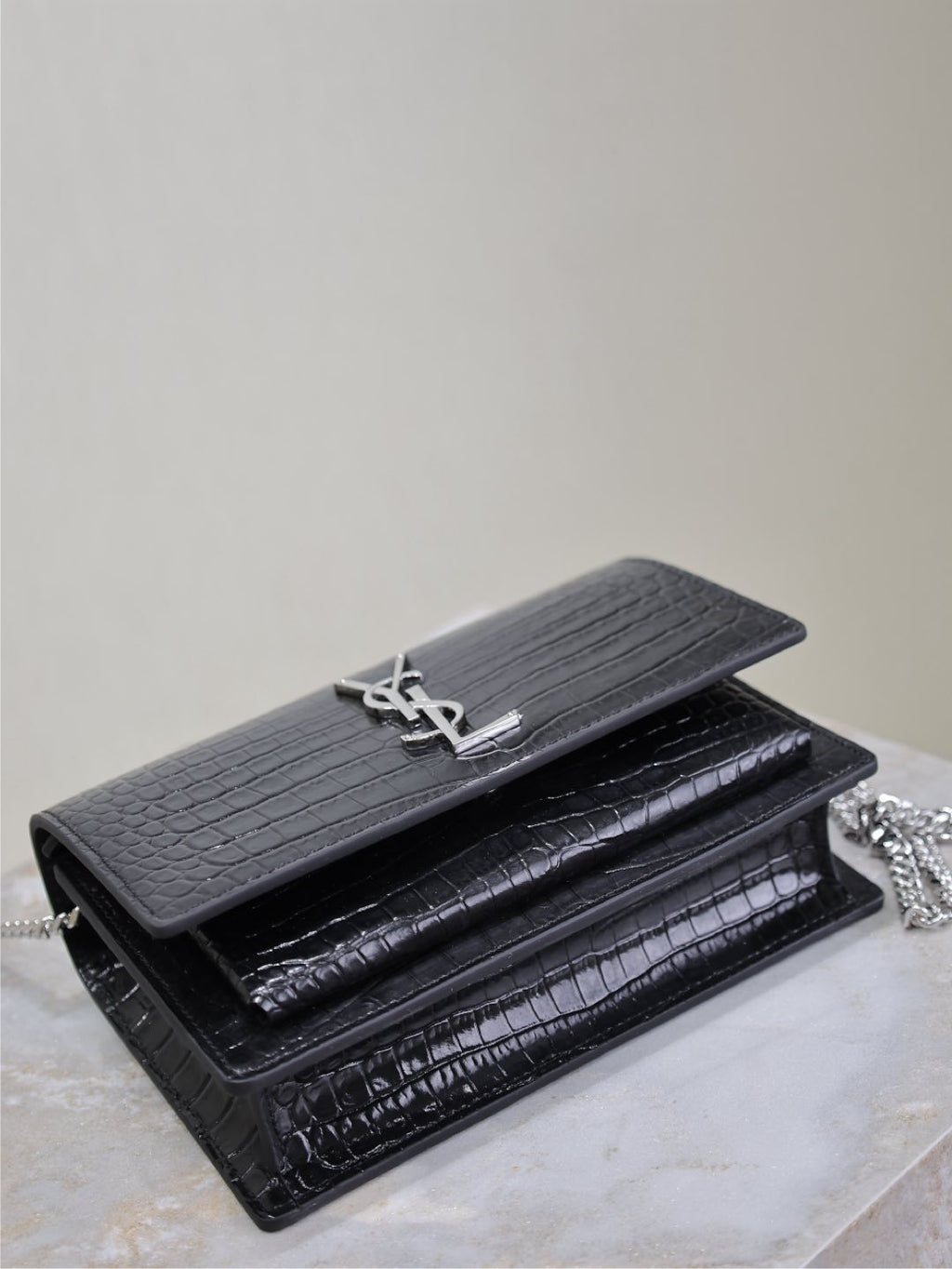 YSL croc-embossed foldover wallet bag with top bar clasp and chain, dark.