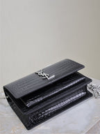 YSL croc-embossed foldover wallet bag with top bar clasp and chain, dark.