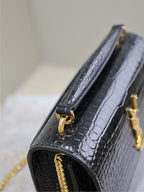Black croc-textured shoulder bag side view with gold-tone chain and hardware.