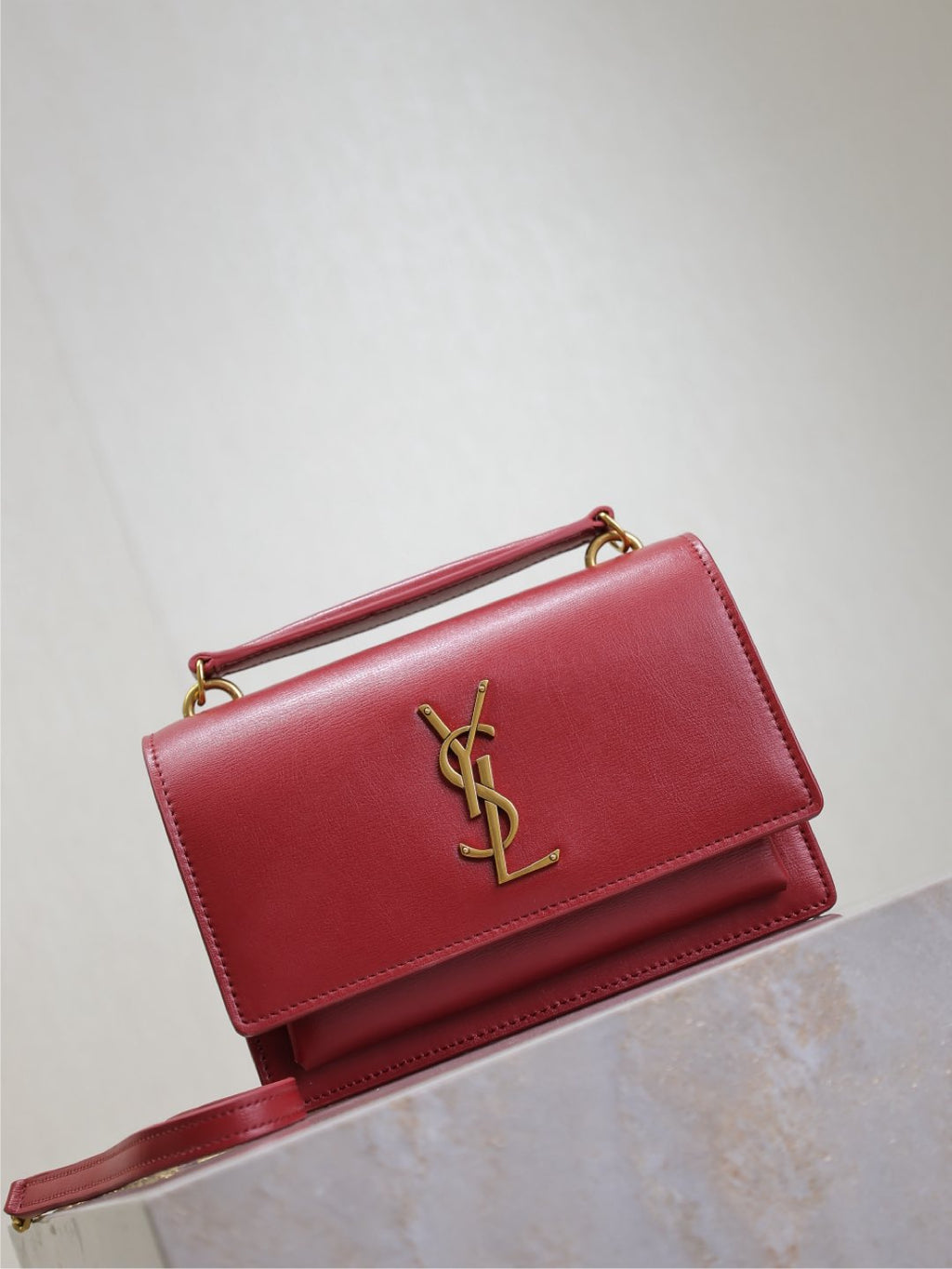 YSL red leather shoulder bag with top handle, gold YSL logo