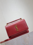 YSL red leather shoulder bag with top handle, gold YSL logo