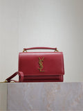 YSL red leather shoulder bag, front flap with gold YSL logo