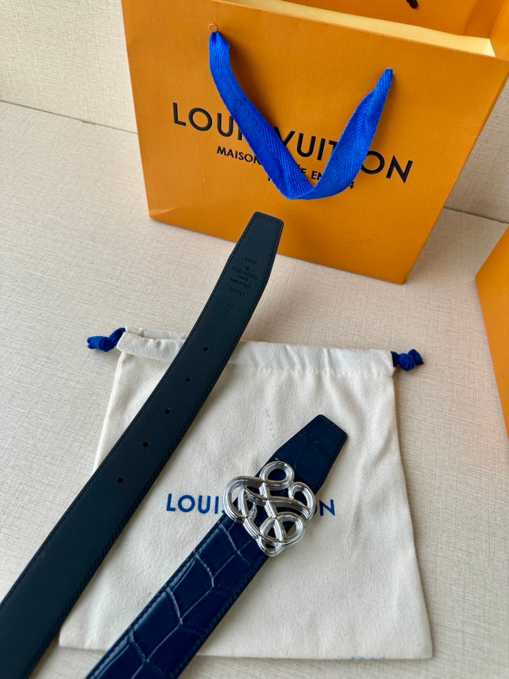 Louis Vuitton belt strap: dark blue embossed leather with silver-tone buckle
