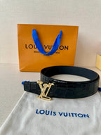 Dark blue croc-embossed leather belt with gold LV buckle and black strap