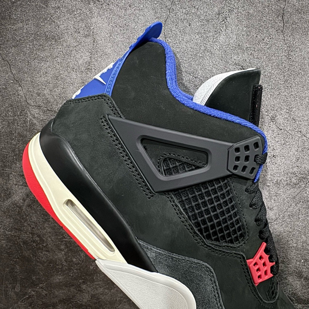 Dark green high-top sneaker with black heel cage, blue collar, red lace accent, white sole