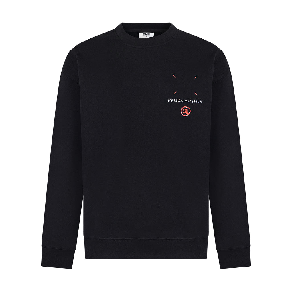 Black crewneck sweatshirt with small Maison Margiela logo and number graphic