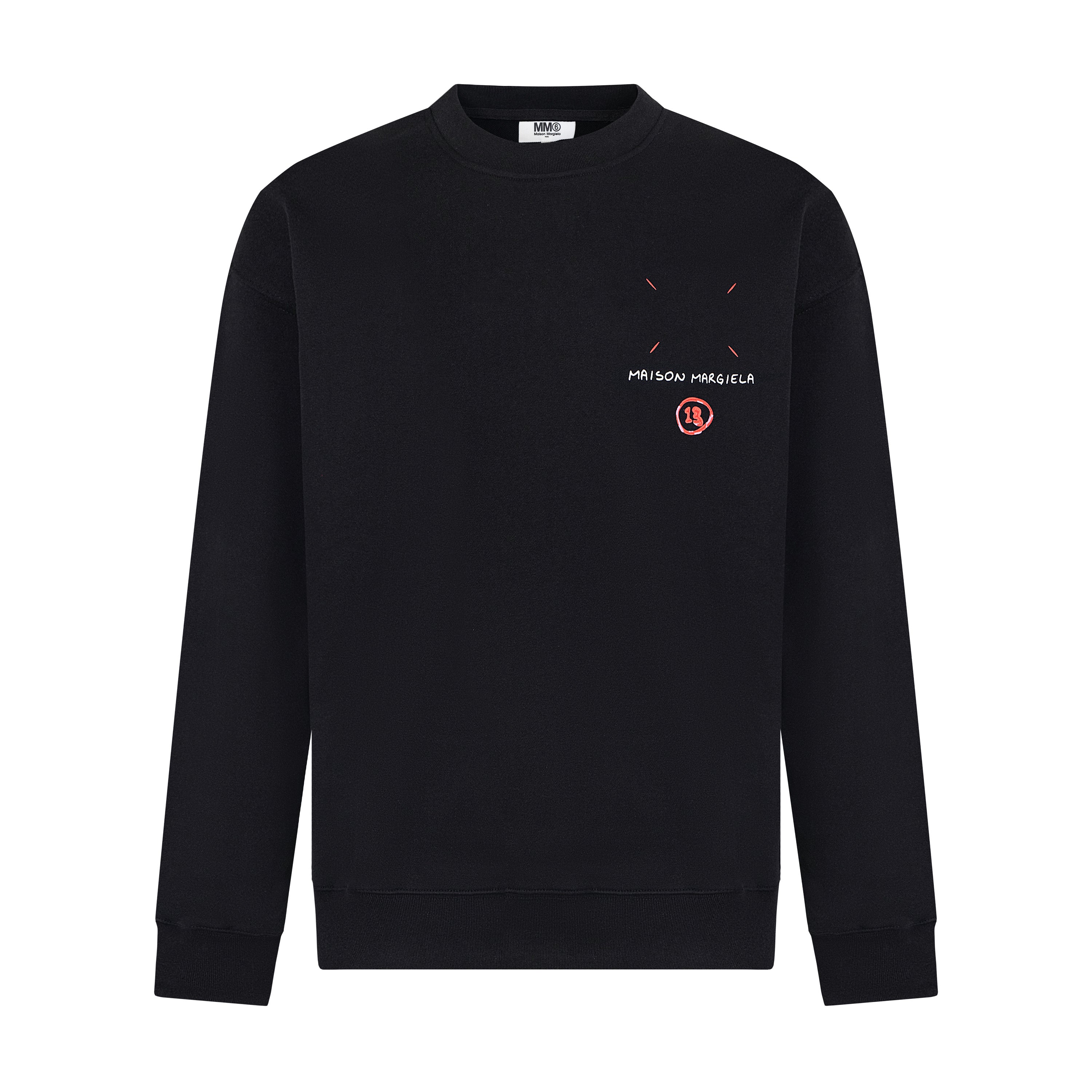 Black crewneck sweatshirt with small Maison Margiela logo and number graphic
