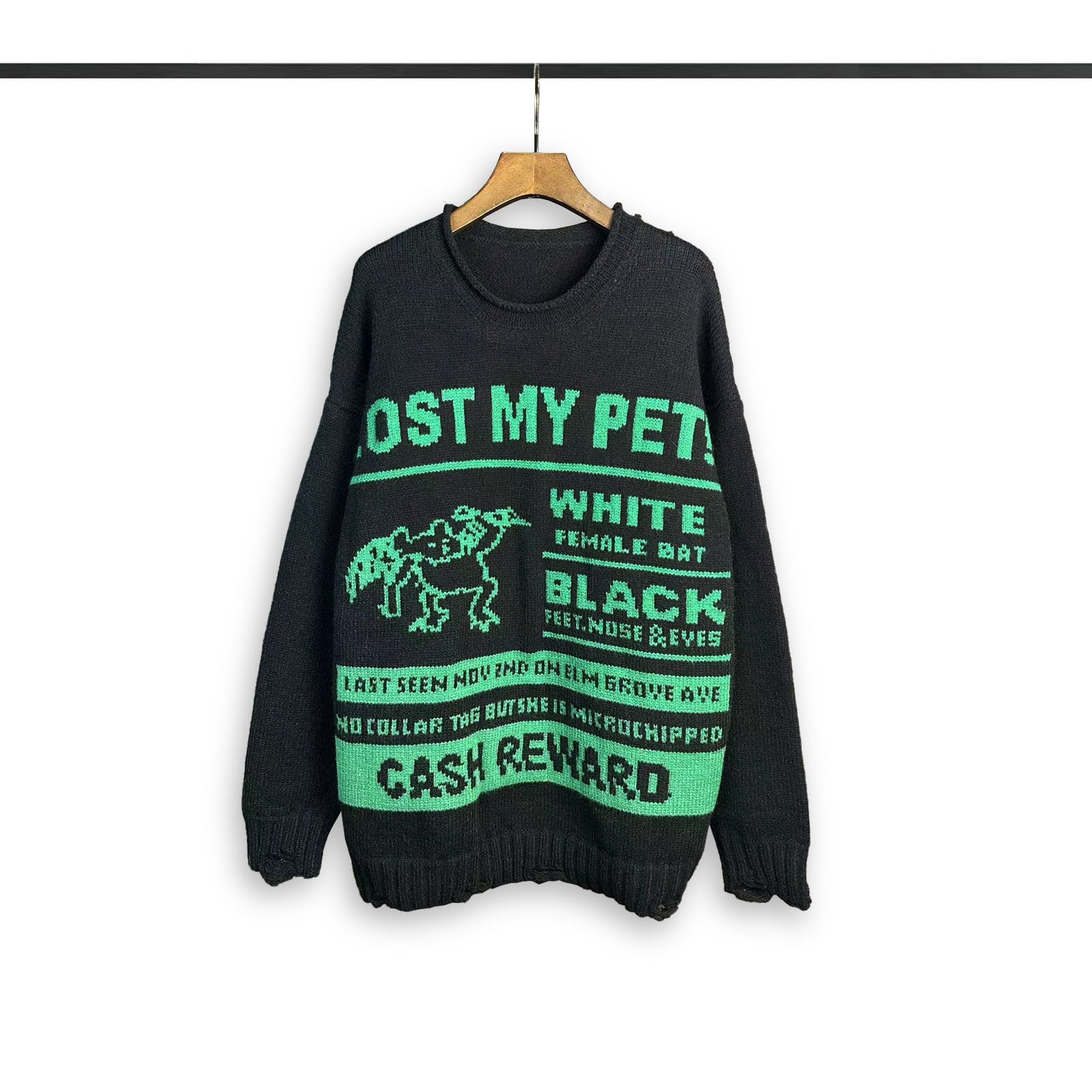 Dark crewneck sweatshirt with “LOST MY PET” graphic and “CASH REWARD” text