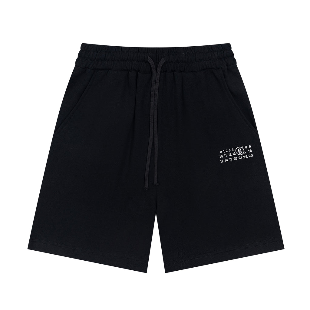 Black drawstring shorts with elastic waistband and side pockets