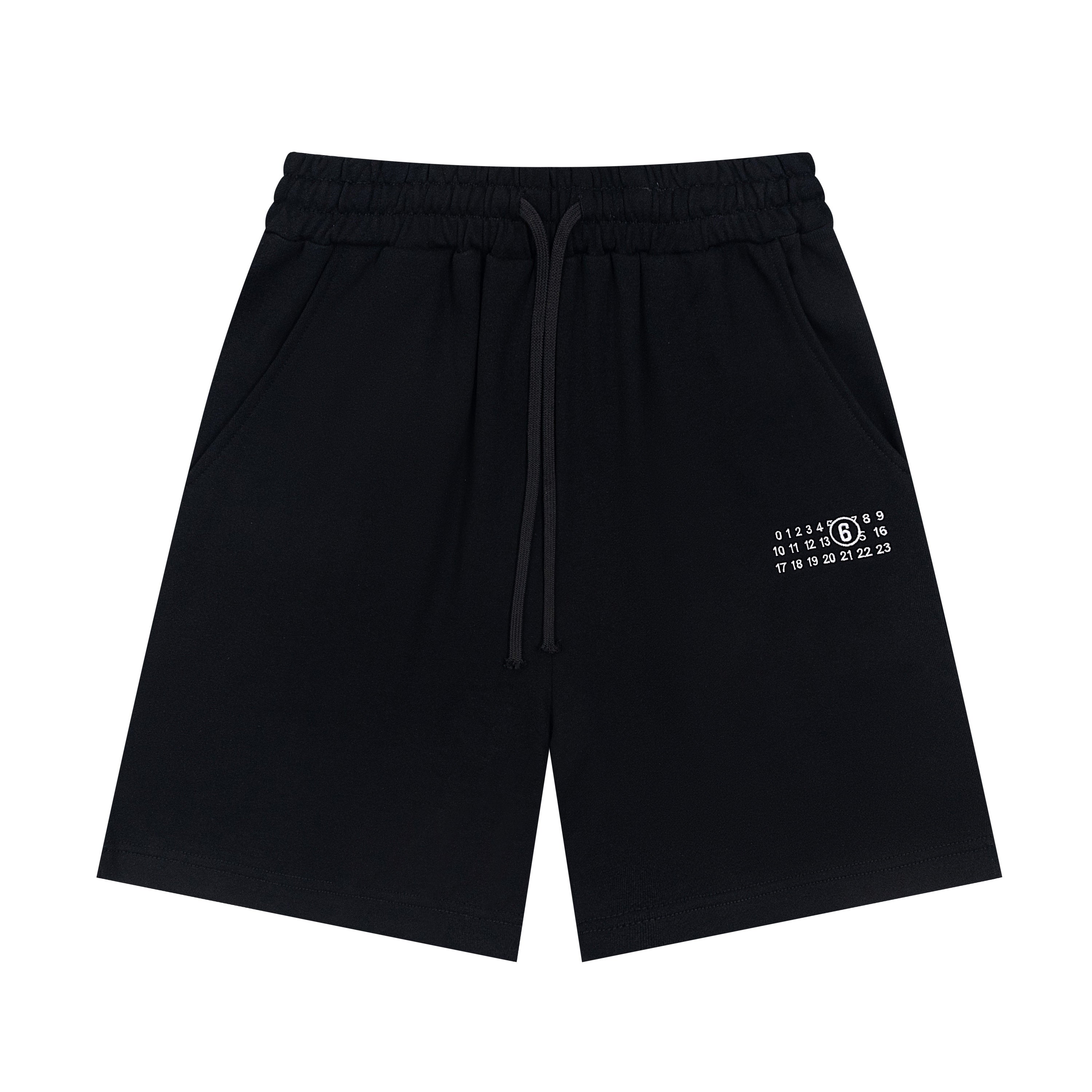 Black drawstring shorts with elastic waistband and side pockets