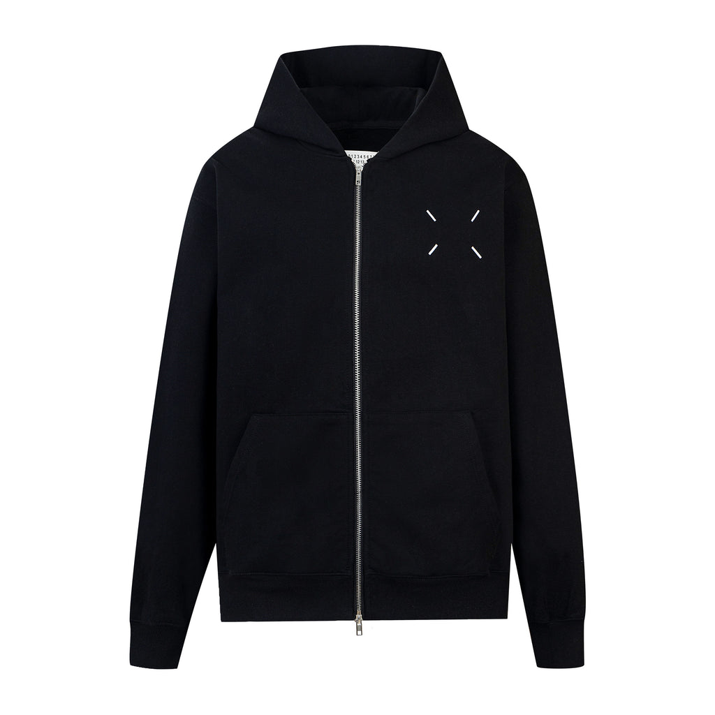 Black zip-up hoodie with hood and front zipper, chest graphic detail