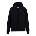 Black zip-up hoodie with hood and front zipper, chest graphic detail