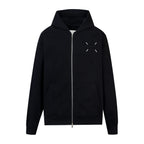 Black zip-up hoodie with hood and front zipper, chest graphic detail