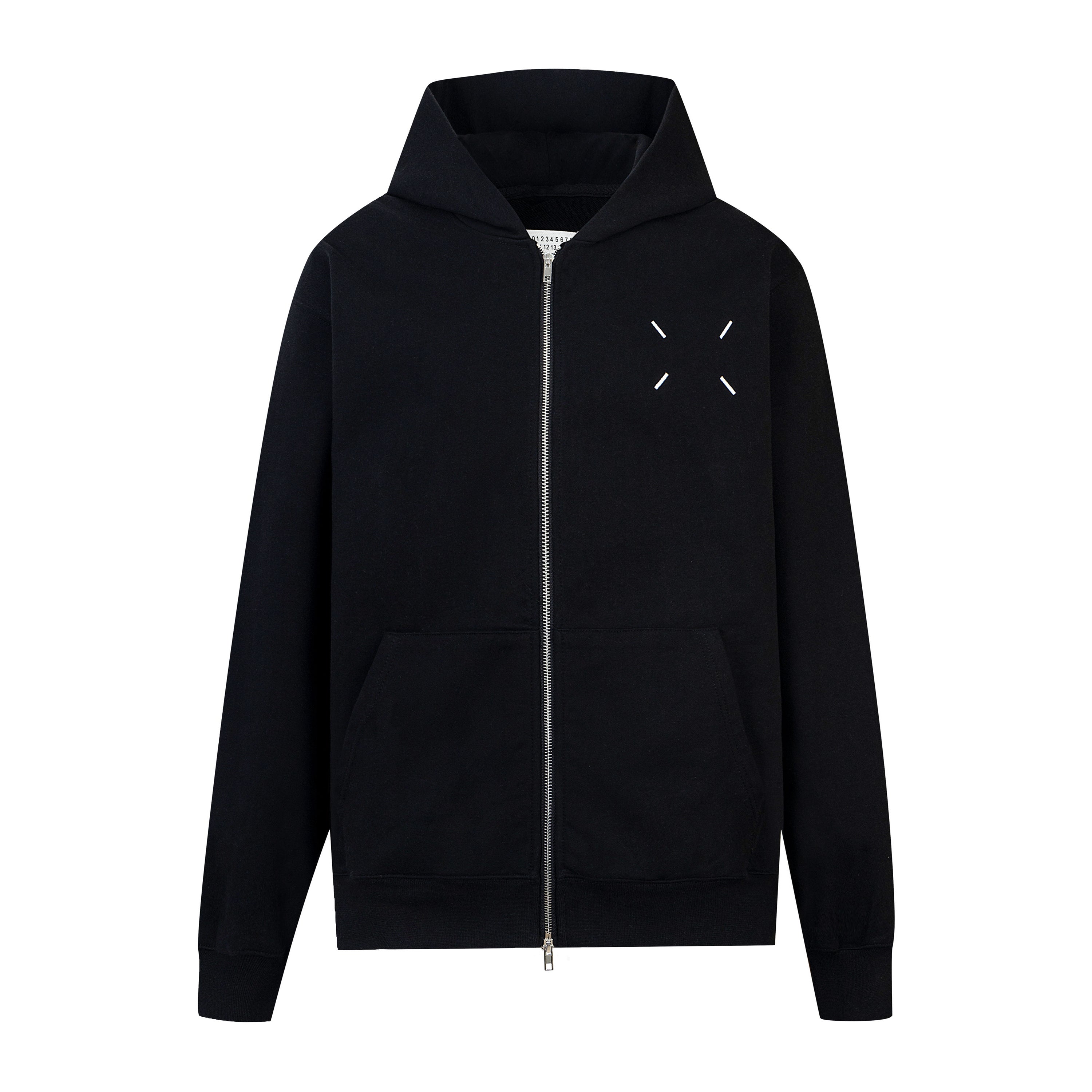 Black zip-up hoodie with hood and front zipper, chest graphic detail