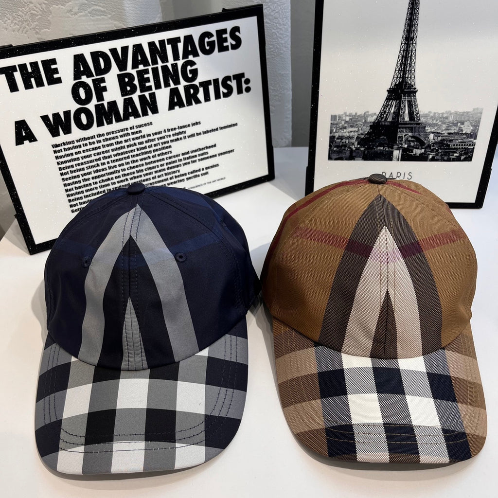 Burberry cap pair: tan and navy plaid designs with curved brims